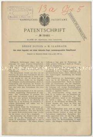 Patentschrift eines aus einem liegenden und einem stehenden Kegel zusammengesetzten Dampfkessels, Patent-Nr. 38481