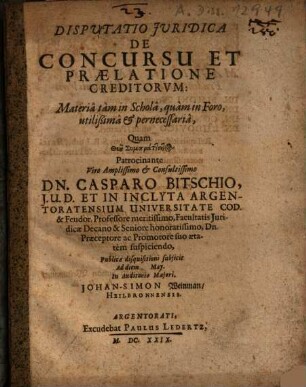 Disputatio Iuridica De Concursu Et Praelatione Creditorum