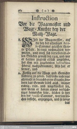 Instruction Vor die Wagemeister und Wage-Knechte bey der Maltz-Wage