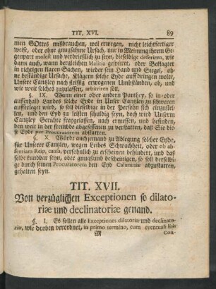 Tit. XVII. Von verzüglichen Exceptionen so dilatoriae und declinatoriae genand.