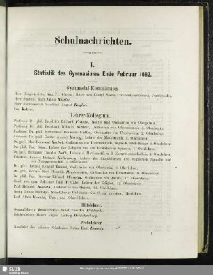 I. Statistik des Gymnasiums Ende Februar 1882