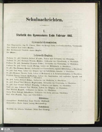 I. Statistik des Gymnasiums Ende Februar 1882