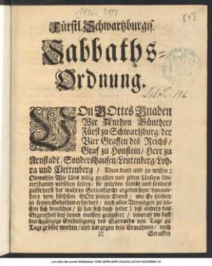 Fürstl. Schwartzburgis. Sabbaths-Ordnung : So geschehen den 2. Octobris 1710.