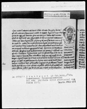Gilbertus Porretanus, Commentarius in Psalmos 1-75 — Initiale Q(uid gloriaris) mit Kopf, Folio 68verso