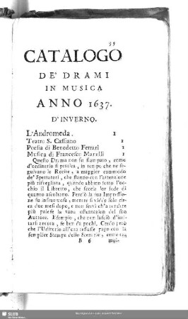Catalogo De' Drami In Musica Anno 1637 - Anno 1699