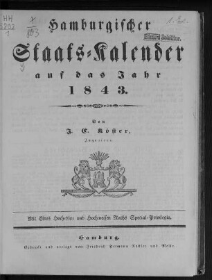 1843: Hamburgischer Staats-Kalender : auf das Jahr