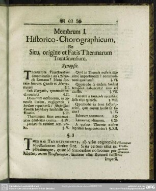 Membrum I. Historico-Chorographicum. De Situ, origine et Fatis Thermarum Trentsinensium