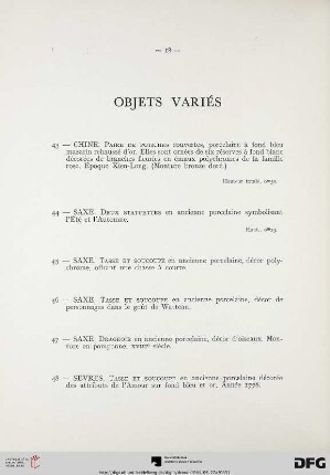 Objets variés (Nr. 43-74) avec planche XII-XIV