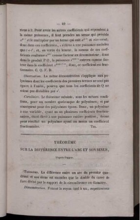 Théorème sur différence entre l´arc et son sinus.