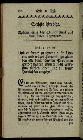 Sechste Predigt. Rechtfertigung des Christenthums aus dem Alten Testamente.