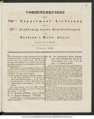 Vorbemerkungen zur VIIten Supplement-Lieferung oder IIten Lieferung neuer Bearbeitungen von Stieler's Hand-Atlas. Ausgabe in 75 Bl. : Februar 1833