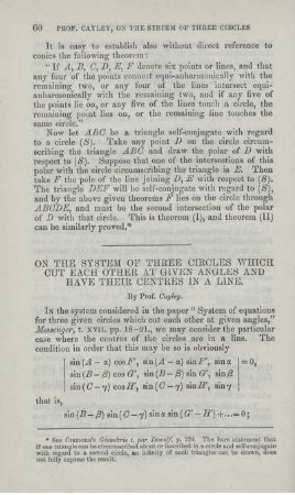 On the system of three circles which cut each other at given angles and have their centres in a line.