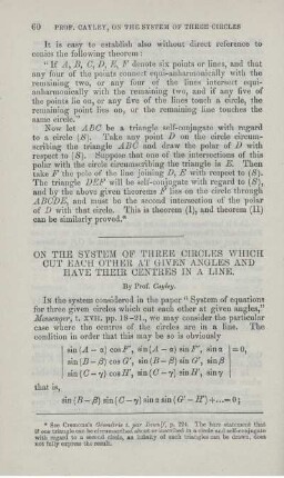 On the system of three circles which cut each other at given angles and have their centres in a line.