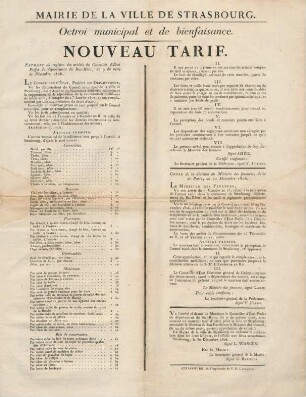Octroi municipal et de bienfaisance. Nouveau tarif. Extrait du registre des arrêtés du Conseiller d'État Préfet du département du Bas-Rhin, du 9 du mois de Décembre 1806.