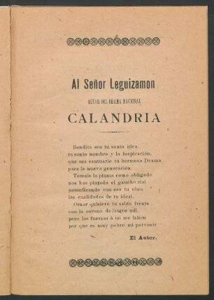 Al Señor Leguizamón - autor del drama nacional Calandria