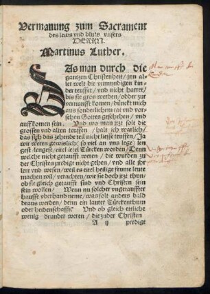Vermanung zum Sacrament des leibs und bluts unsers Herrn. Martinus Luther.