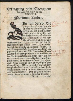 Vermanung zum Sacrament des leibs und bluts unsers Herrn. Martinus Luther.