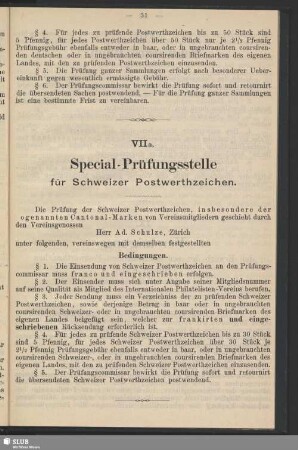 VIIa. Special-Prüfungsstelle für Schweizer Postwerthzeichen