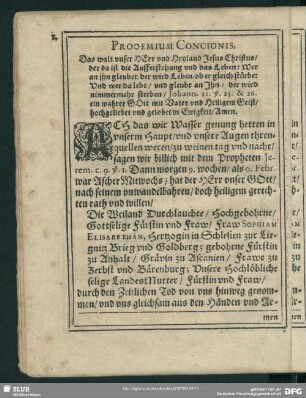 Leichenpredigt : Fürstliche Leichpredigt, Prooemium Concionis, Thema Concionis, Exordium, Propositio, Ergasia, Conclusio