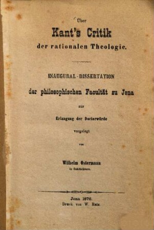 Über Kant's Critik der rationalen Theologie
