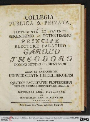 Collegia publica et privata, quae ... in alma et antiquissima Universitate Heidelbergensi ... tradentur