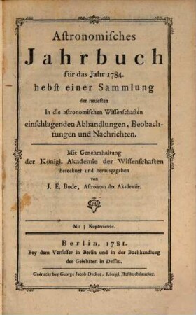 Astronomisches Jahrbuch. 1784 (1781)