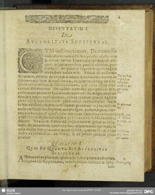 Disputatio I. De Auctoritate Scripturae