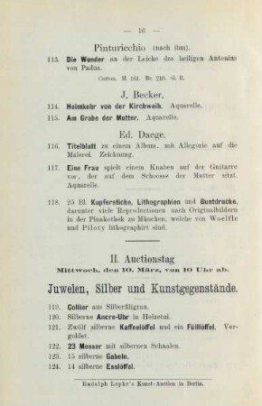 II. Auctionstag Mittwoch den 10. März, von 10 Uhr ab. Juwelen, Silber und Kunstgegenstände