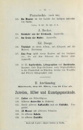 II. Auctionstag Mittwoch den 10. März, von 10 Uhr ab. Juwelen, Silber und Kunstgegenstände