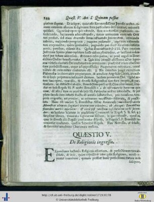 Quaestio V. De Religionis ingressu.