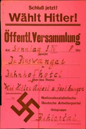 Versammlung der NSDAP-Ortsgruppe Bühlertal: Wird Hitler Arbeit und Brot bringen?