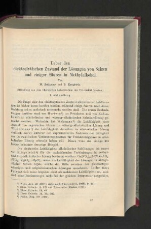 Ueber den elektrolytischen Zustand der Lösungen von Salzen und einiger Säuren in Methylalkohol.