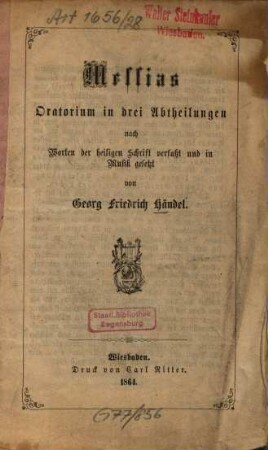 Messias : Oratorium in drei Abtheilungen nach Worten der heiligen Schrift