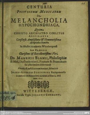 Centuria positionum de melancholia hypochondriaca
