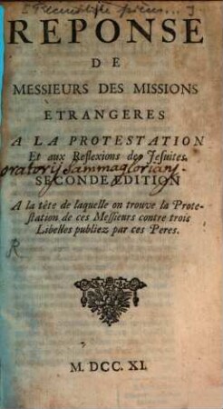 Réponse de Messieurs des Missions étrangères à la Protestation et aux Reflexions des Jésuites
