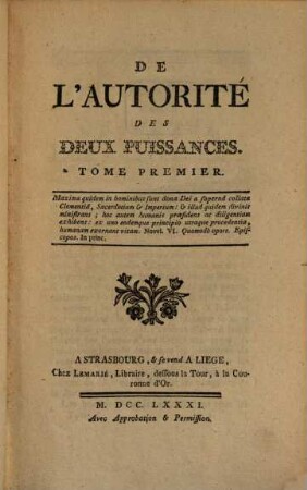 De L'Autorité Des Deux Puissances, 1