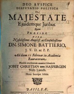 Disputatio Politica De Maiestate Eiusdemque Iuribus