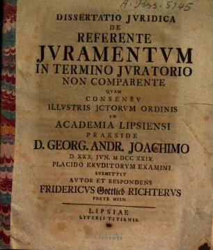 Dissertatio Jvridica De Referente Jvramentvm in Termino Jvratorio Non Comparente