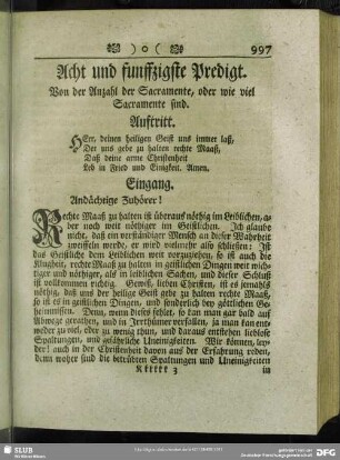 Acht und funffzigste Predigt. Von der Anzahl der Sacramente, oder wie viel Sacramente sind