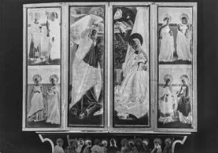 linker Flügel: Sankt Ägidius mit Hirschkuh, Hl. Barbara, Hl. Katharina; Mitte: Verkündigung; rechter Flügel: Maria Magdalena, Hl. Anna Selbdritt, Hl. Dorthea, Hl. Christina (geschlossen); linker Flügel: Hl. Martin; Mitte: Hl. Nikolaus, Madonna, Hl. Helena; rechter Flügel: Hl. Georg (geöffnet); Predella: Christus mit den Jüngern