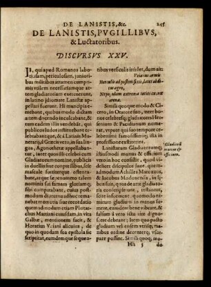 De Lanistis, Pugillibus, & Luctataoribus. Discursus XXV.
