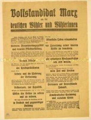 Allgemeines programmatisches Flugblatt des Reichspräsidentschaftskandidaten Wilhelm Marx an die Wähler