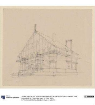 Potsdam Neubabelsberg, Projekt Wohnhaus für Friedrich Sarre, Skizzenblatt mit Perspektive