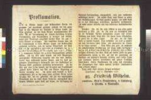 Maueranschlag: Proklamation. Friedrich Wilhelm IV. gibt die Auflösung der Bürgerwehr und die Verstärkung der Truppenmacht in Berlin bekannt; Sanssouci, 11. November 1848