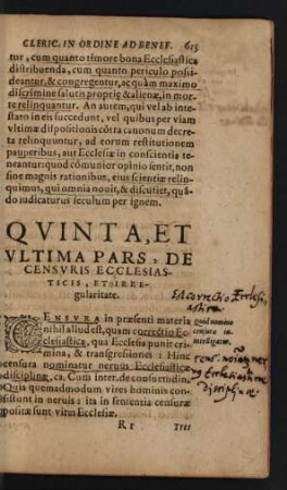 Quinta, Et Ultima Pars, De Censuris Ecclesiasticis, Et Irregularitate