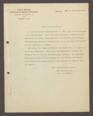 Schreiben des Engeren Ausschusses der Deutschen Volkspartei, Karlsruhe, an die Parteigenossen, 1 Schreiben