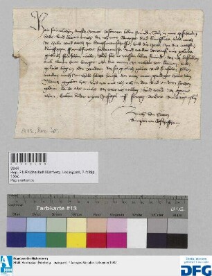 Zürch von Steten, Amtmann zu Bischofheim, sagt im Namen und Auftrag des Erzbischofs von Mainz der Nürnberger Kaufmannschaft zur Frankfurter Fastenmesse Geleit zu.