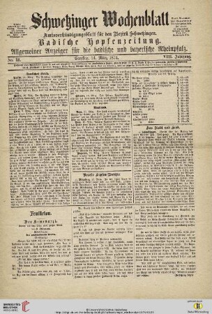 Schwetzinger Wochenblatt : Amts-Verkündigungsblatt für den Bezirk Schwetzingen ; badische Hopfenzeitung
