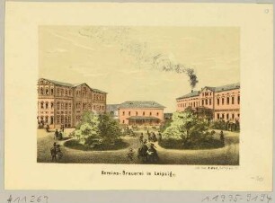 Die Vereinsbrauerei (Langesche Brauerei) in der Braustraße im Süden von Leipzig mit Gästegarten und Restauration mit Ballsaal, Reihe Leipziger Ansichten von Adolph Werl