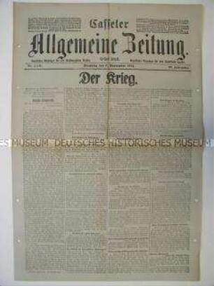 Regionale Tageszeitung "Casseler Allgemeine Zeitung" mit Meldungen und Berichten von verschiedenen Kriegsschauplätzen